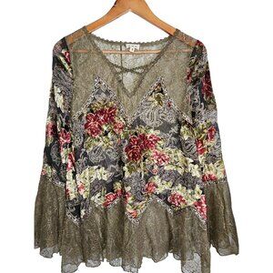 POL Lace Sheer Floral Burnout Romantic Witchy Tunic Top W/ Bell Sleeves Women S